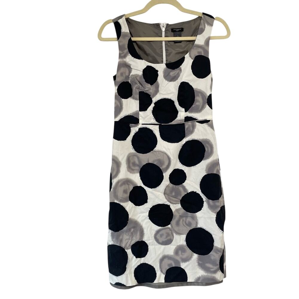 Ann Taylor White Grey & Black Sleeveless Polka Dot Sheath Dress Womens 0 Preppy